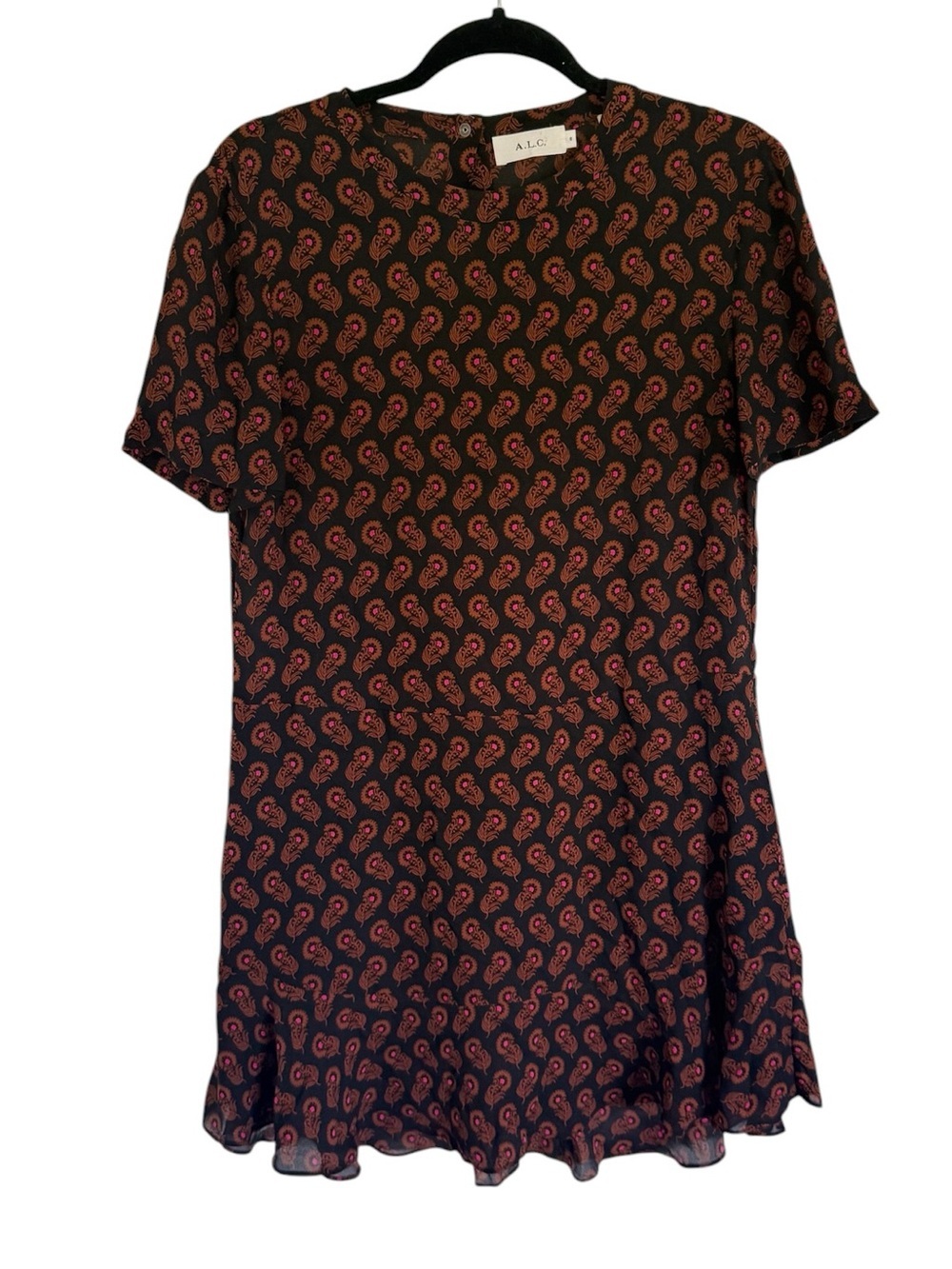 A.L.C. Black Paisley Print Mini Shift Dress with Ruffle Hem